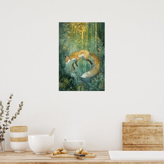 Poster Enchanted Emerald Forest Magique Fox Art (Cuisine)