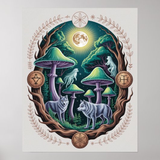 Poster Enchanted Moonlit Wolves and Psychedelic Mushrooms (Devant)