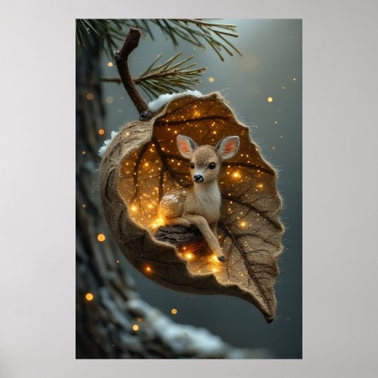 Poster 🦌 Enchanted Winter Fawn – Glowing Leaf Cocoon (Devant)