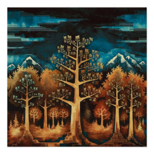 Poster Enchanter le cerf Brown dans l'aquarelle de forêt 