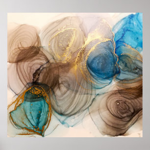 Poster Encre D'Alcool, Minéral Bleu Abstrait.