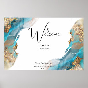 Poster Encre marbrée Turquoise et or