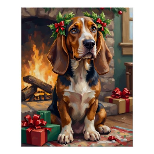 Poster Endearing Basset Hound Dog with Christmas Wreath (Devant)