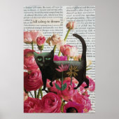 Poster Endormez-vous pour rêver Chat noir Fleurs roses ch (Devant)
