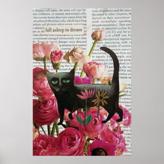 Poster Endormez-vous pour rêver Chat noir Fleurs roses ch (Devant)
