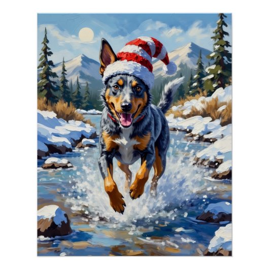 Poster Energetic Blue Heeler Dog Winter Creek Christmas (Devant)