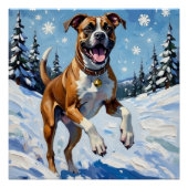 Poster Energetic Boxer Dog Leaping in Winter Snow Fun (Devant)