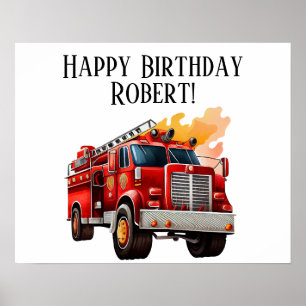 Poster Enfant camion de pompiers rouge Joyeux Anniversair