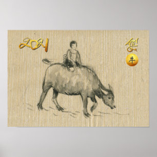 Poster Enfant de buffle d'eau chinois Ox Année 2021 HorP