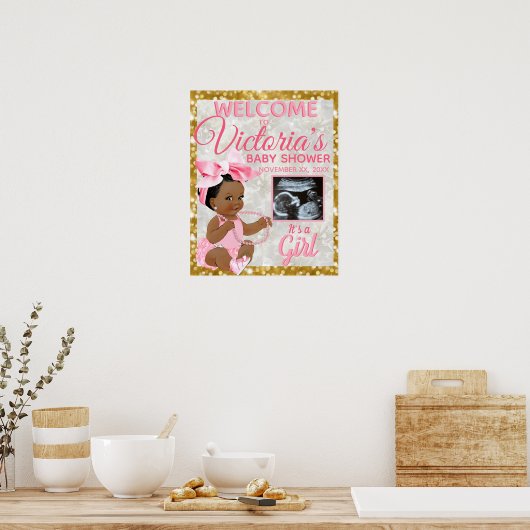 Poster Enfant ethnique fille rose Baby shower photo Bienv (Cuisine)