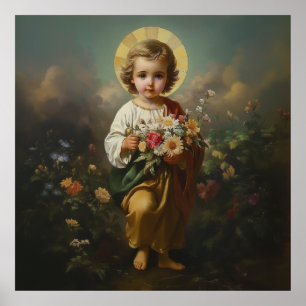 Poster Enfant Jésus avec des fleurs Catholique Religieux