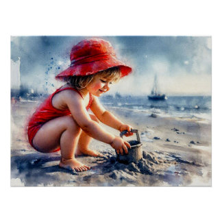 Poster Enfant jouant sur une plage ensoleillée,