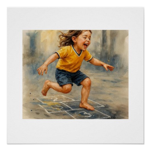 Poster Enfant joyeux jouant à la marelle, (Devant)