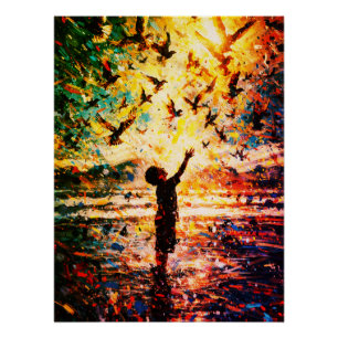 Poster Enfant Joyeux Jouant avec les Oiseaux Lever de Sol