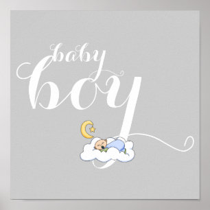 Poster Enfant mignon endormi garçon et typographie crèche