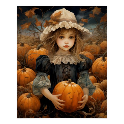 Poster Enfant Mignonne Tenant Une Automne Citrouille Auto (Devant)
