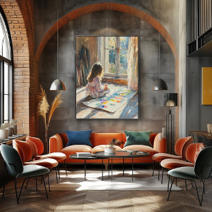 Poster Enfant peignant dans une pièce ensoleillée – Art i