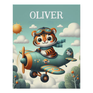 Poster Enfant Tigre Mignon Volant dans un Avion