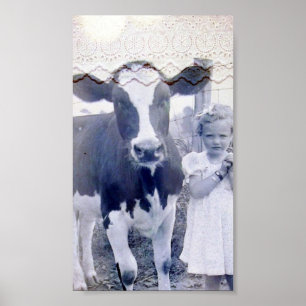 Poster Enfant vintage et vache
