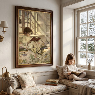 Poster Enfant vintage Lire un livre, Jessie Willcox Smith