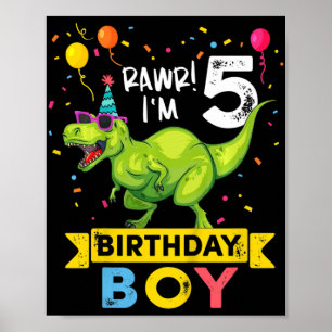 Poster Enfants 5 ans 5e anniversaire garçon T Rex Dinosau