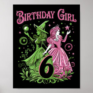 Poster Enfants 6e Anniversaire Sorcière rose et verte 6 A