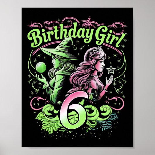 Poster Enfants 6e Anniversaire Sorcière rose et verte 6 A (Devant)
