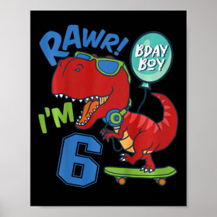 Poster Enfants 6ème Anniversaire 6 Ans Garçon Rouge T-rex