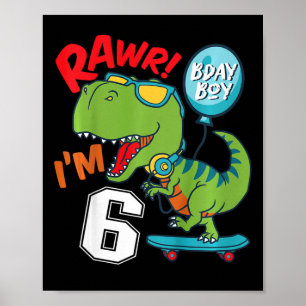 Poster Enfants 6ème Anniversaire 6 Ans Garçon T-rex Skate