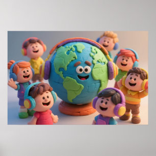 Poster Enfants autistiques en argile colorée, Globe, casq