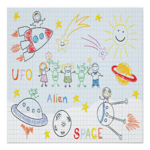 Poster Enfants dessiner, espace, aliens, univers, mignon,