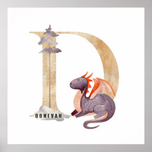 Poster Enfants Dragon Nom Personnalisé Monogram D Nursery