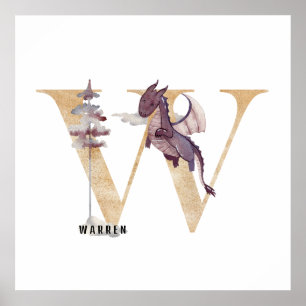 Poster Enfants Dragon Nom personnalisé Monogram W Nursery