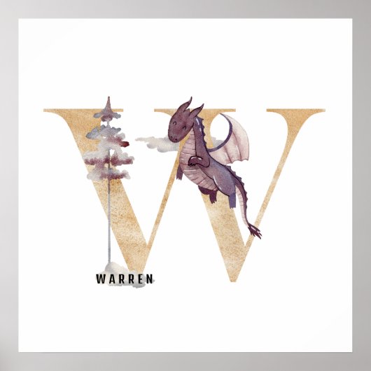 Poster Enfants Dragon Nom personnalisé Monogram W Nursery (Devant)