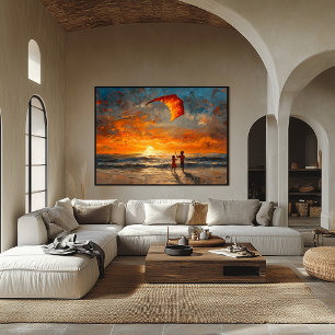 Poster Enfants faisant voler un cerf-volant au coucher du