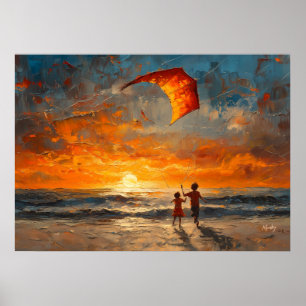 Poster Enfants faisant voler un cerf-volant au coucher du