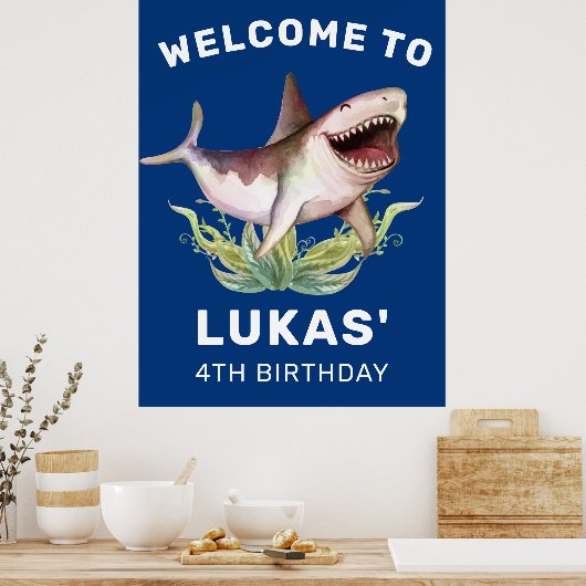 Poster Enfants Funny Shark Blue Anniversaire Bienvenue (Cuisine)