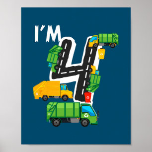 Poster Enfants J'ai 4 ans Anniversaire Garbage Truck