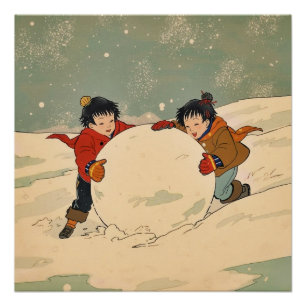 Poster Enfants japonais roulant une grosse boule de neige