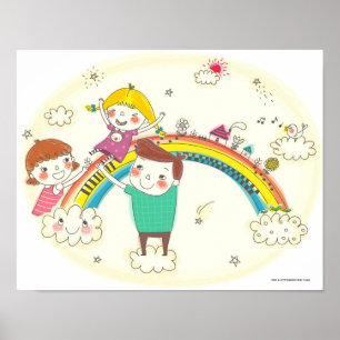 Poster Enfants jouant sur l'arc-en-ciel