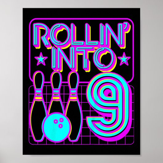 Poster Enfants Rollin Into 9 Bowling Retro Bowler 9e anni (Devant)