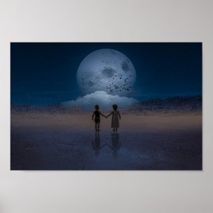 Poster Enfants se tenant la main sur la lune