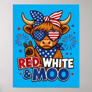 Poster Enfants Vache Highland Rouge Blanc 4 Juillet