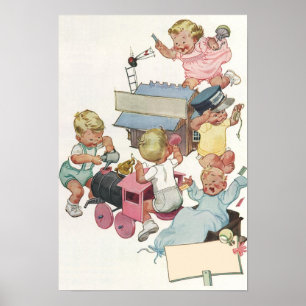 Poster Enfants vintage s'amusant à jouer avec des trains 
