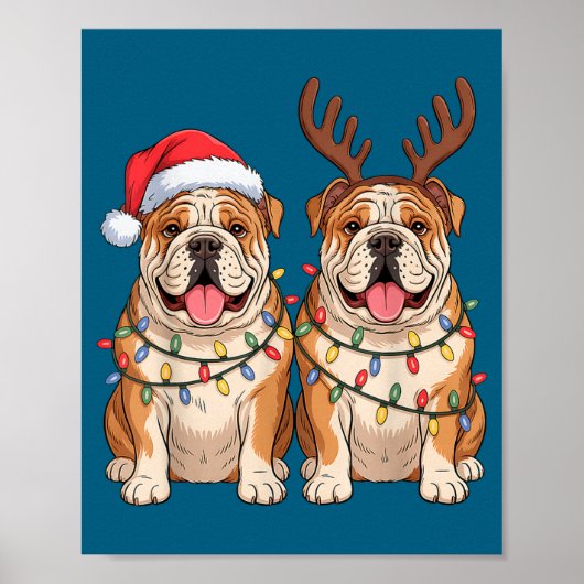 Poster English Bulldog Christmas Santa Hat Reindeer Light (Devant)