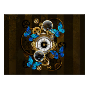 Poster Engrenages à vapeur et papillons bleus