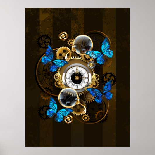 Poster Engrenages à vapeur et papillons bleus (Devant)