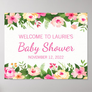 Poster Enseigne de bienvenue Baby Shower Rose et Floral V