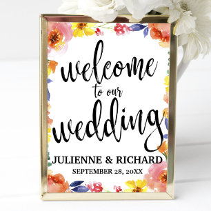 Poster Enseigne de bienvenue de mariage floral aquarelle 