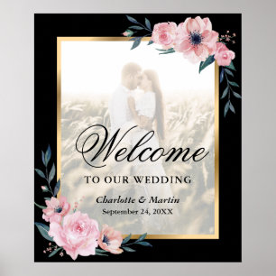 Poster Enseigne de bienvenue de mariage photo florale ros